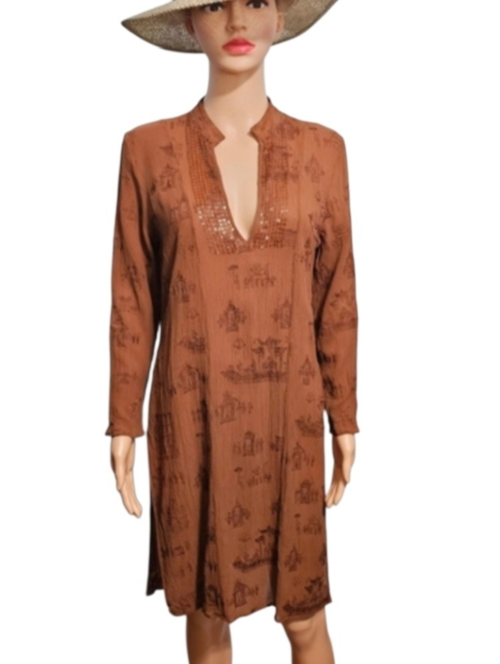 Chico's Silk Brown Embroidered Sheer Side Slit Long Sleeve Dress/Tunic Sz 1 (M)